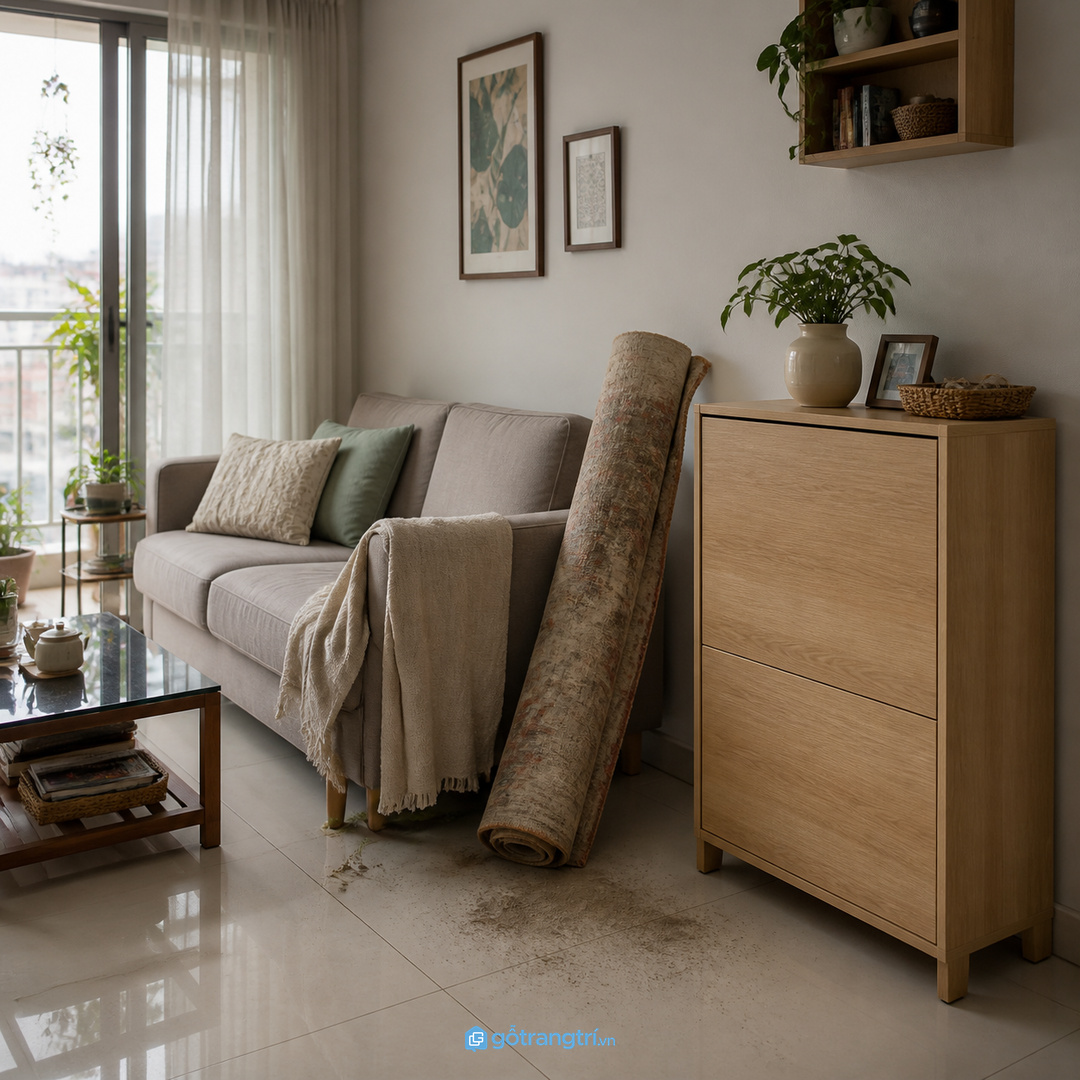 Thảm cuộn để lộ dễ làm góc sofa rối và bám bụi