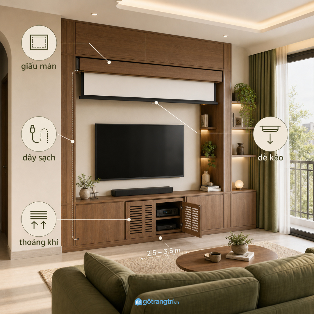 Màn chiếu đặt rời dễ làm phòng khách nhỏ rối mảng tường và vướng lối sinh hoạt