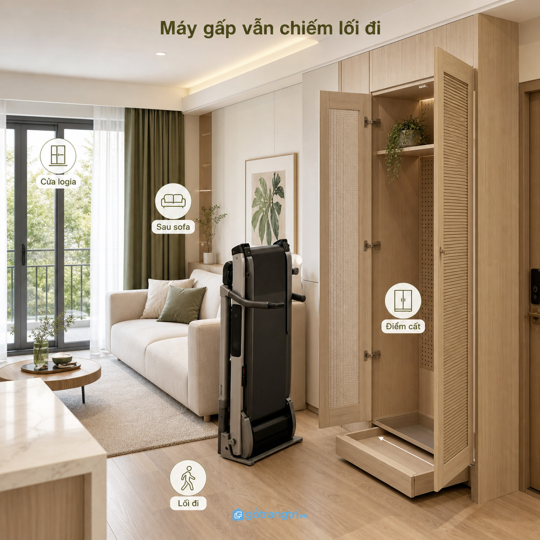 Máy chạy bộ gấp để sai chỗ khiến lối đi chung cư nhanh chật và khó dọn