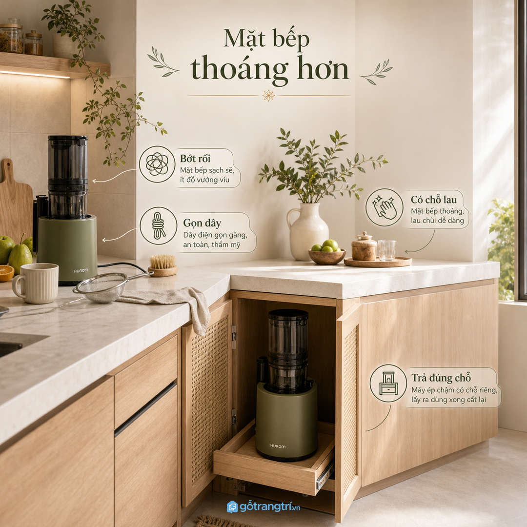 Mặt bếp nhỏ sẽ thoáng hơn khi máy ép có chỗ trả về sau mỗi lần dùng