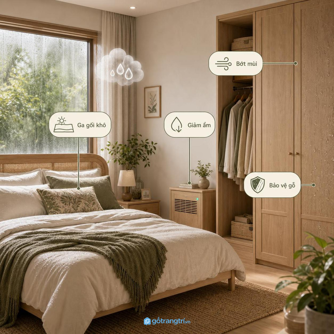 Độ ẩm cao làm phòng ngủ dễ có mùi, ga gối lâu khô và đồ gỗ nhanh xuống cấp