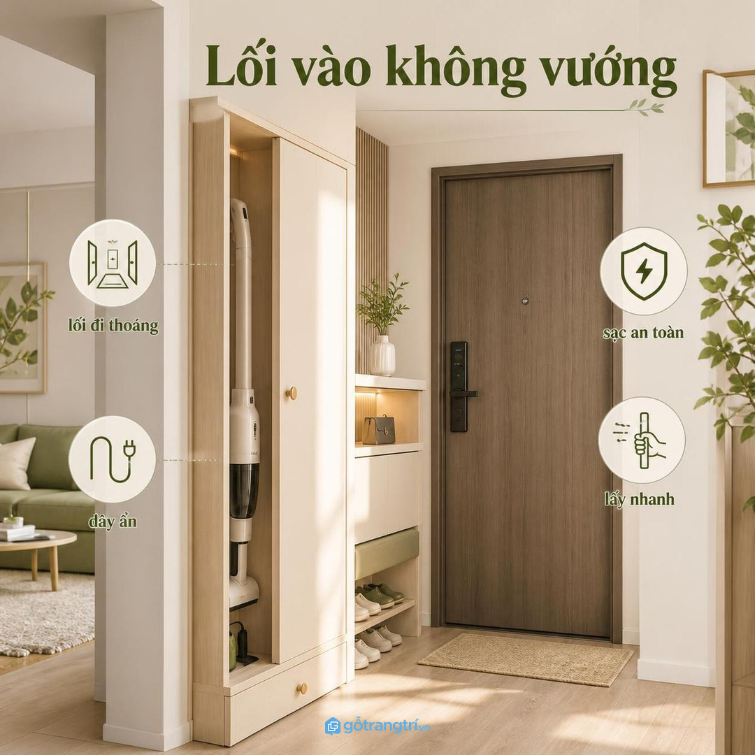 Lối vào chung cư nhỏ cần thoáng, không vướng máy và dây sạc