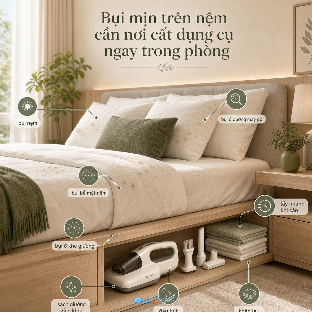 Máy vệ sinh nệm để gần giường sẽ dễ tạo thói quen làm sạch hơn