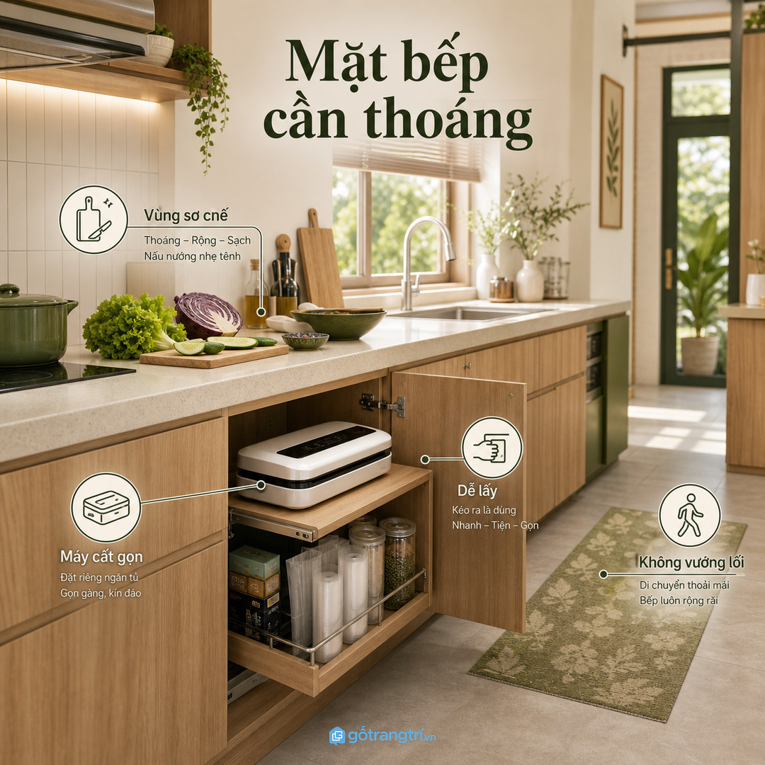 Máy hút chân không đặt ngoài dễ chiếm vùng sơ chế của bếp nhỏ