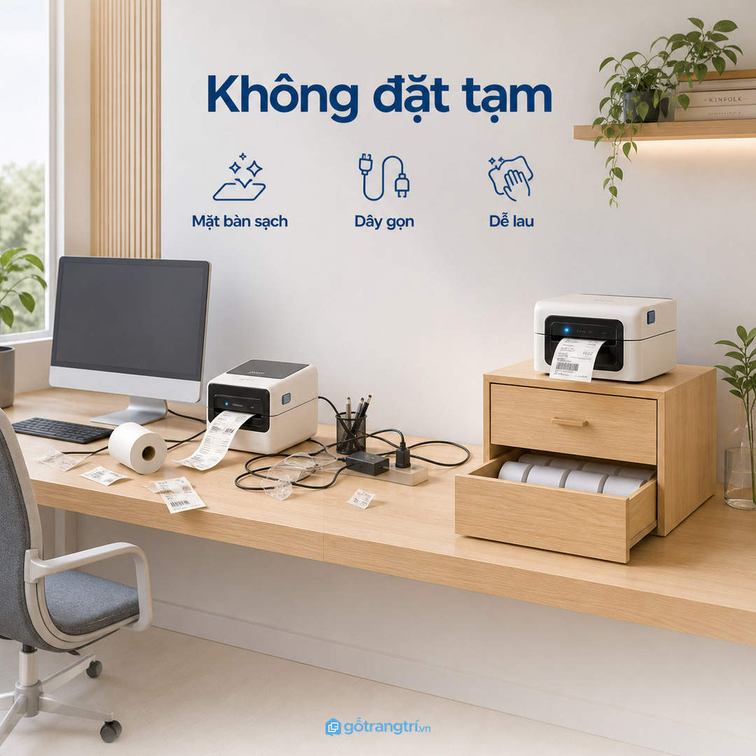 Máy in đặt tạm trên bàn khiến quầy nhanh rối và khó lau dọn