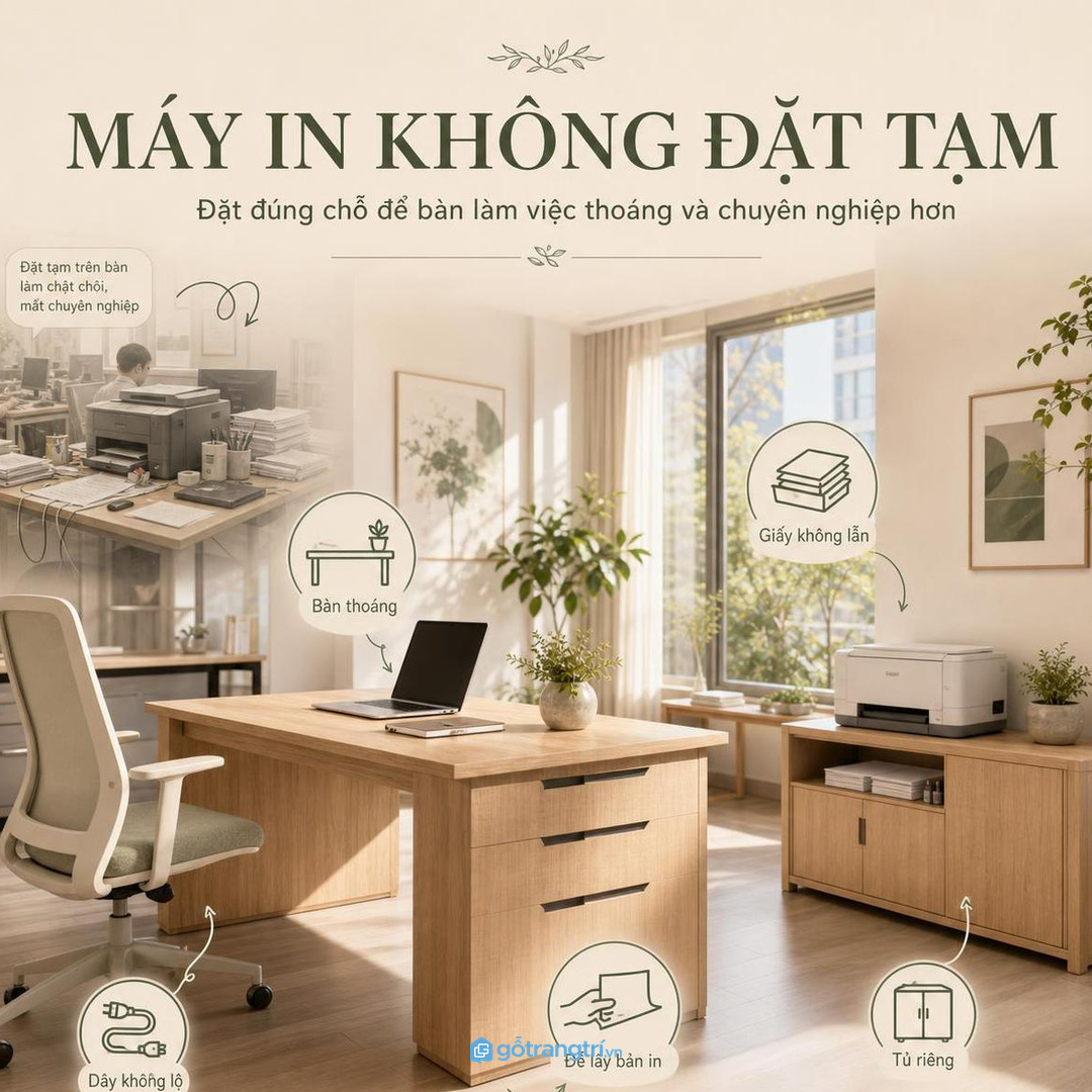 Máy in đặt tạm làm bàn làm việc nhanh rối và khó kiểm soát giấy