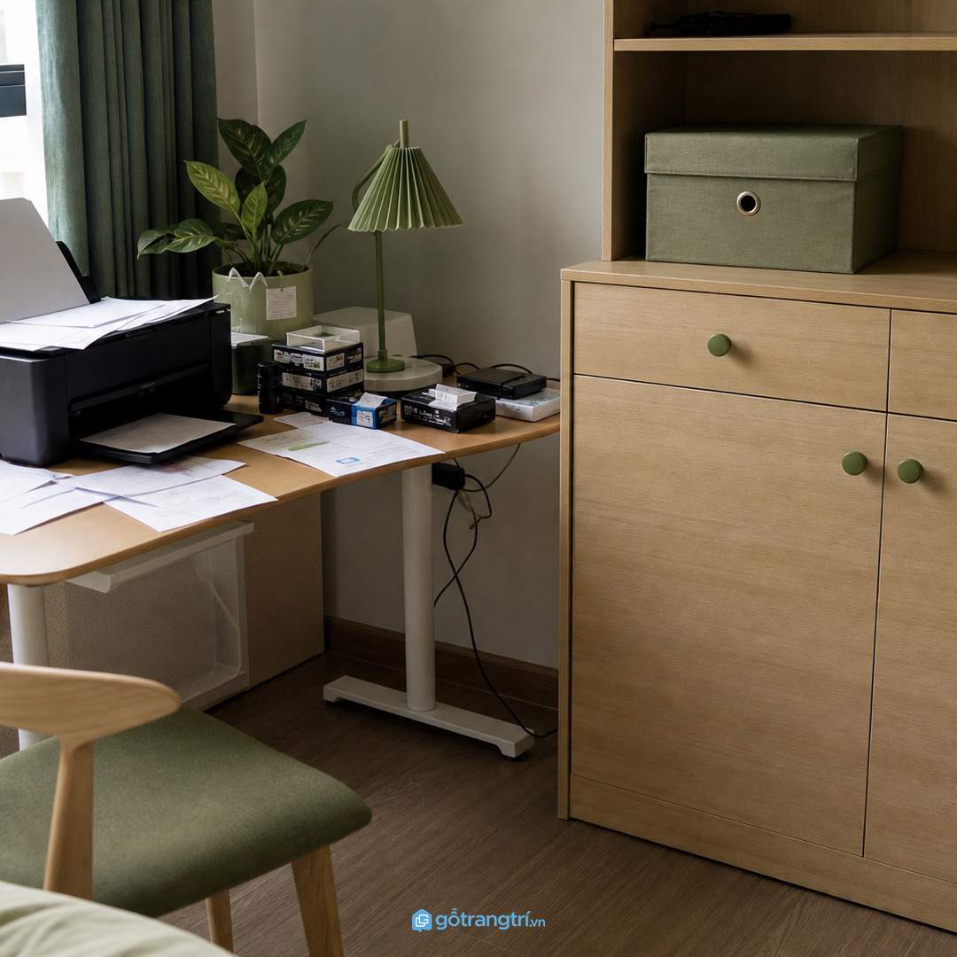 Máy in, giấy A4 và dây điện dễ làm góc làm việc trong căn hộ bị rối