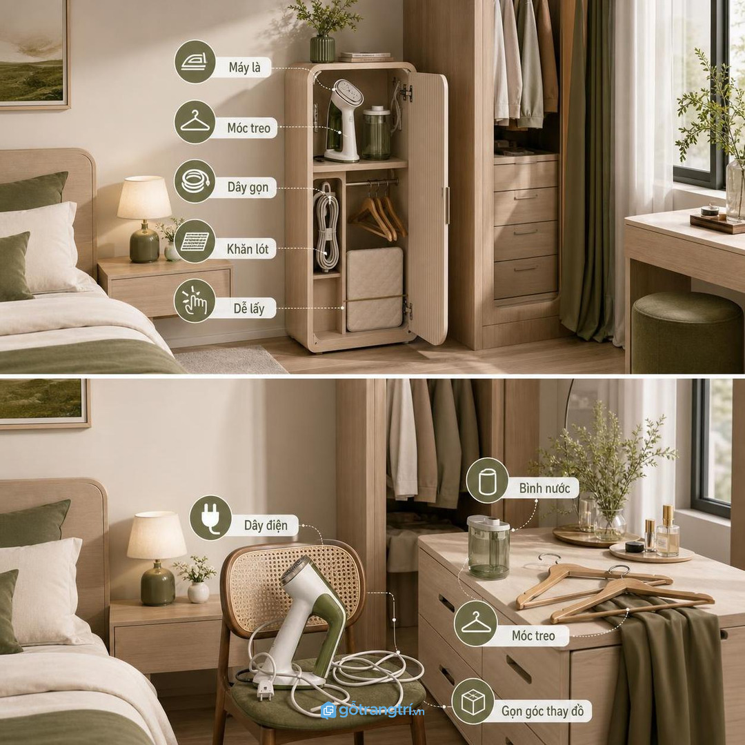 Máy là dây điện bình nước và móc treo để rải rác làm góc thay đồ nhanh rối