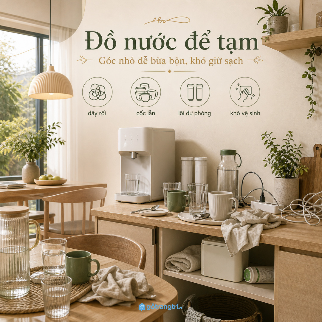 Cốc lõi lọc bình nước và dây điện để tạm khiến căn hộ nhỏ nhanh rối