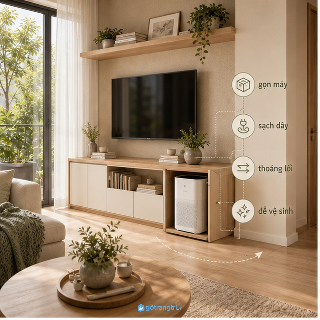 Máy lọc đặt lộ dễ làm phòng khách nhỏ rối và chật hơn