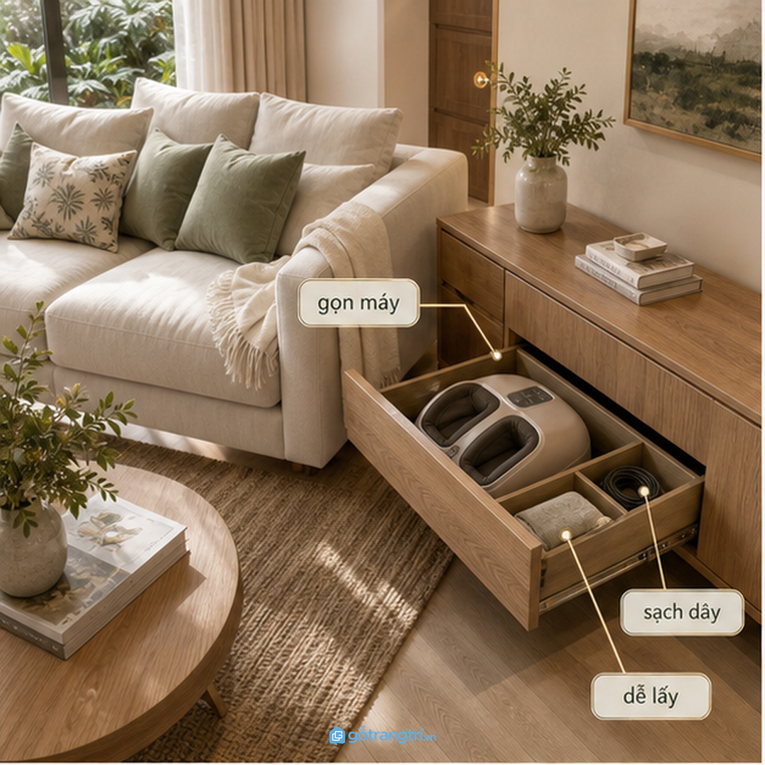 Máy massage chân cần dùng gần sofa nhưng không nên nằm lộ giữa phòng khách
