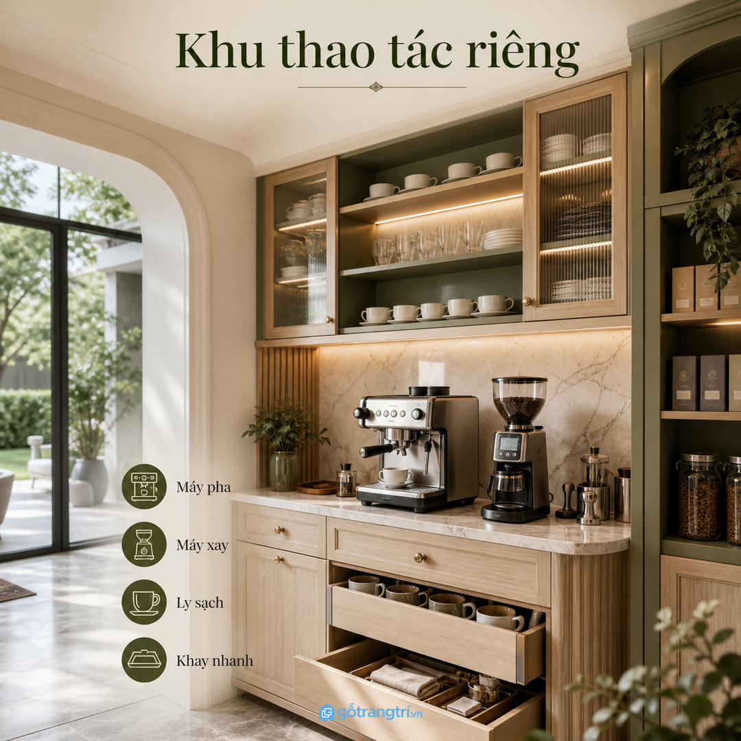Máy pha cà phê cần khu thao tác riêng để quầy pantry không rối