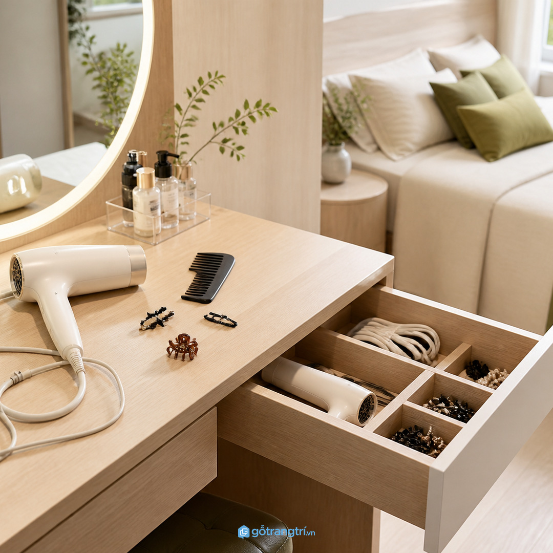 Bàn trang điểm phòng ngủ nhỏ dễ rối khi máy sấy và dây điện nằm ngoài