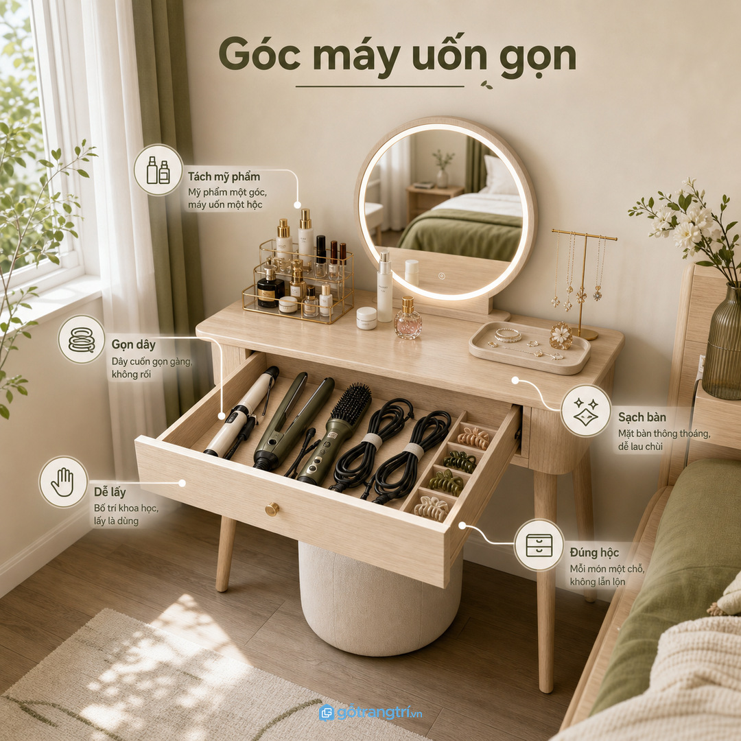 Mặt bàn trang điểm rất dễ rối vì dây máy tạo kiểu