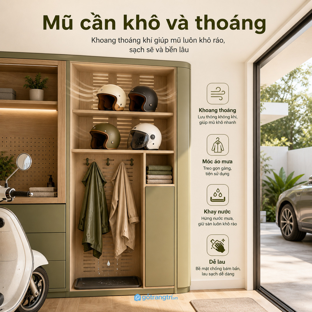 Mũ bảo hiểm và áo mưa cần khoang khô thoáng để không ám mùi