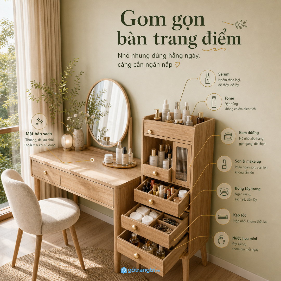 Bàn trang điểm sạch hơn khi mỹ phẩm có chỗ riêng
