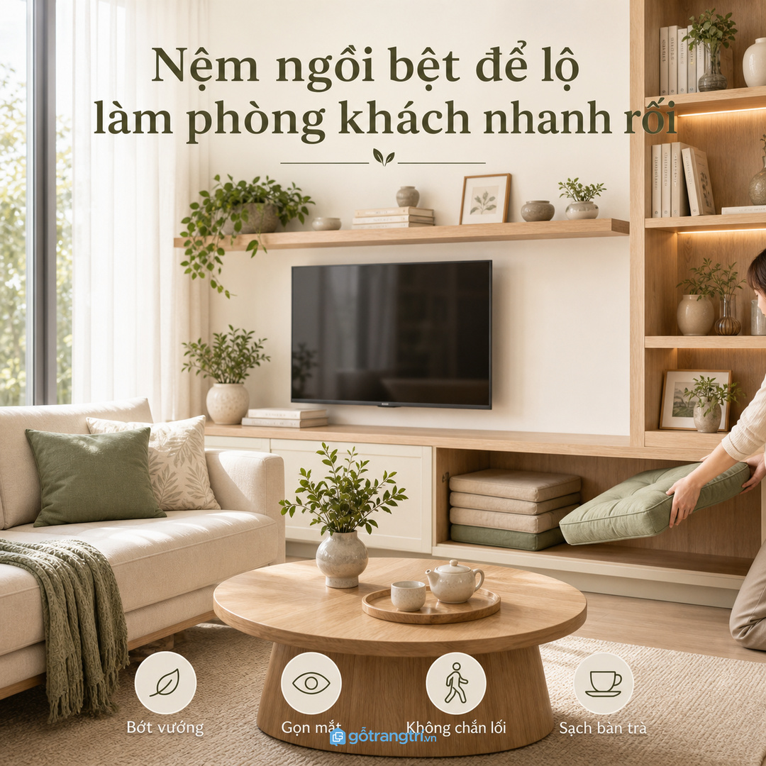 Nệm ngồi bệt để lộ dễ làm phòng khách nhỏ nhanh rối