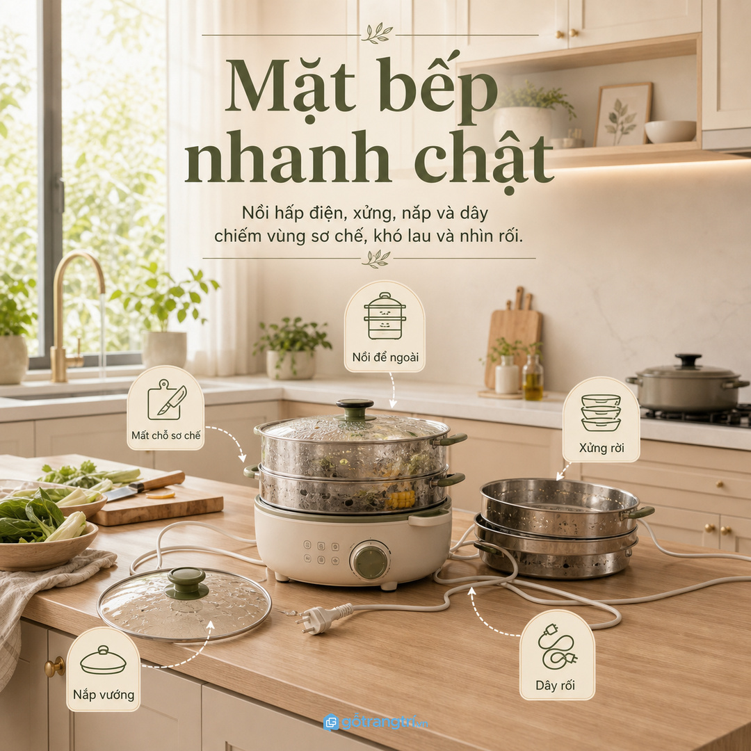Nồi hấp điện để ngoài mặt bàn làm bếp nhỏ nhanh chật