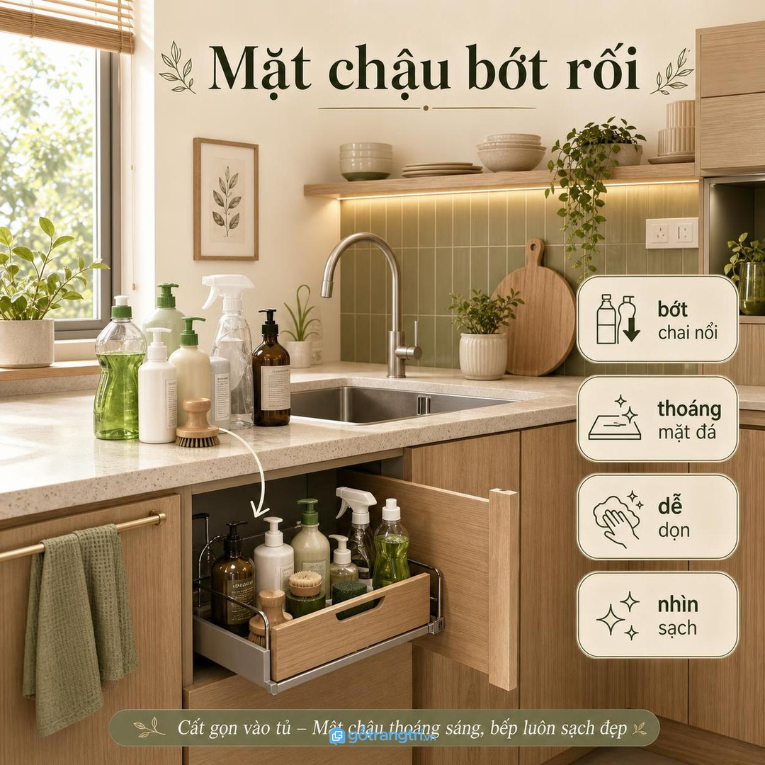 Chai rửa đặt trên mặt chậu làm bếp nhỏ nhanh rối