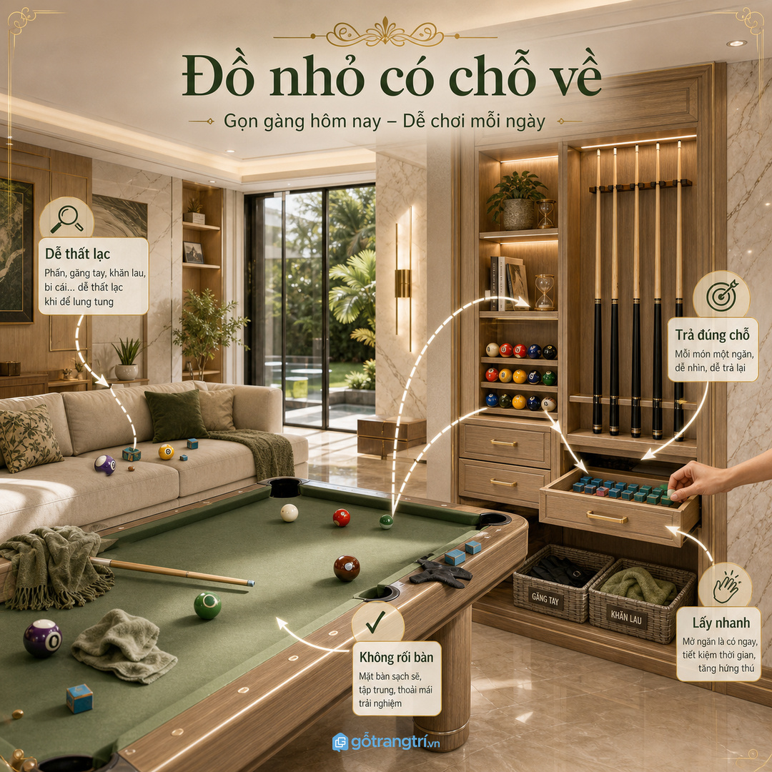 Phụ kiện bi-a thất lạc làm phòng giải trí nhanh mất vẻ sang