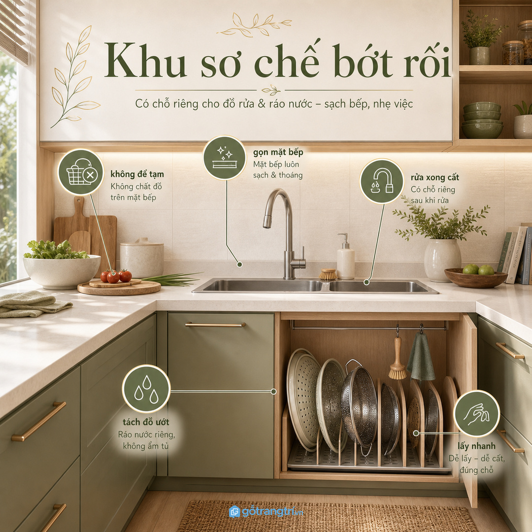 Rổ rá nằm trên mặt bếp làm khu sơ chế nhanh rối