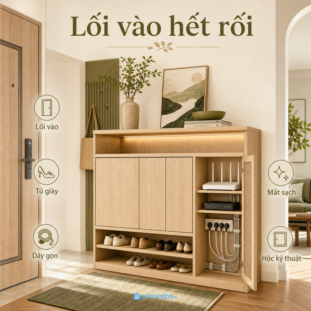Modem router dây mạng và ổ cắm để lộ làm lối vào căn hộ nhanh rối