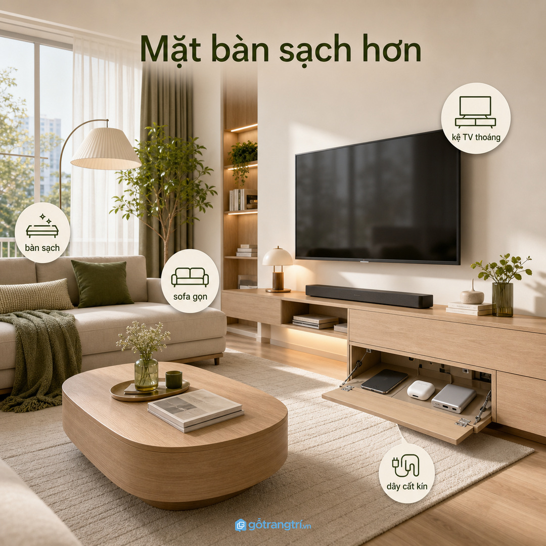 Mặt bàn sạch hơn khi dây sạc có khoang riêng