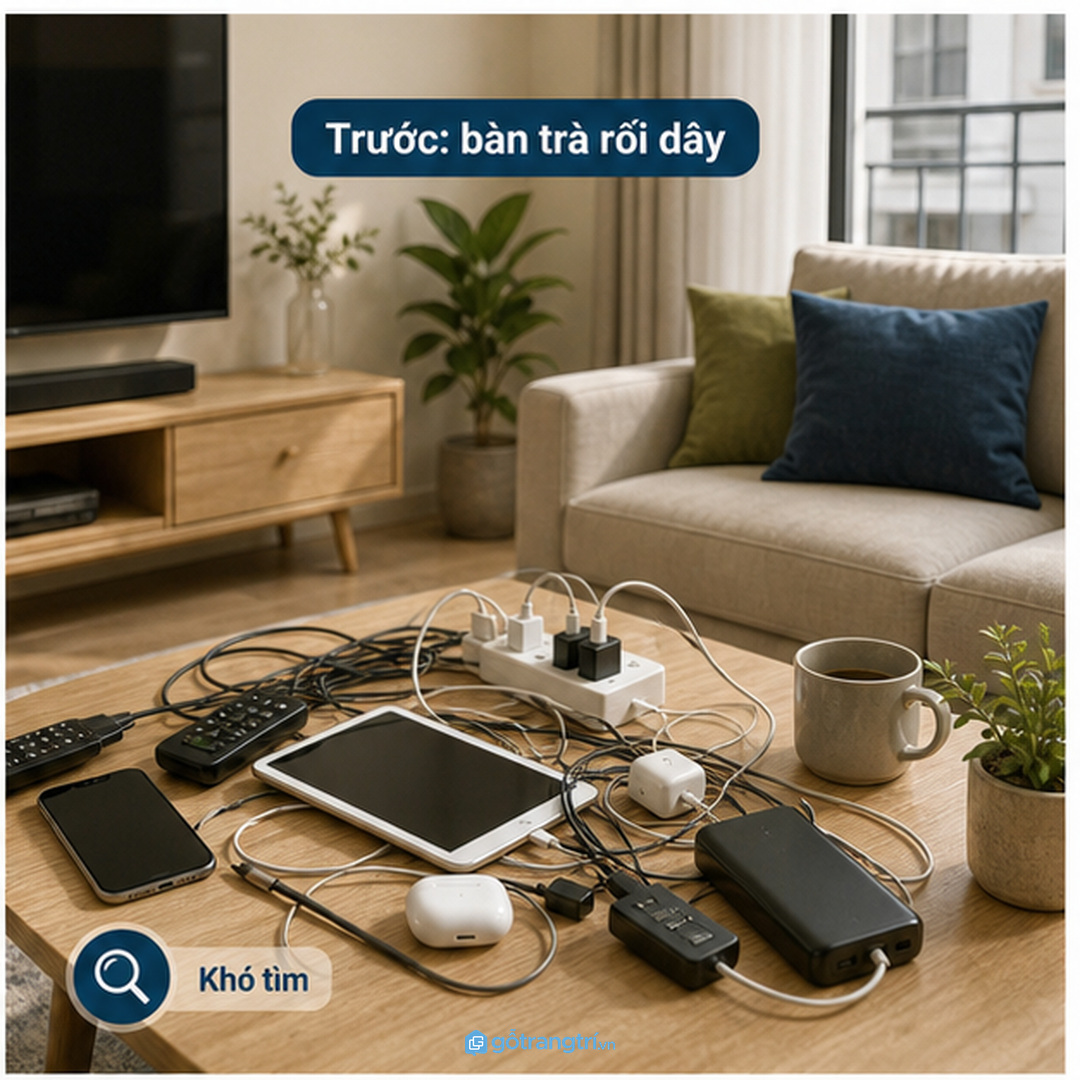 Dây sạc và remote không có chỗ cất làm bàn trà nhanh rối