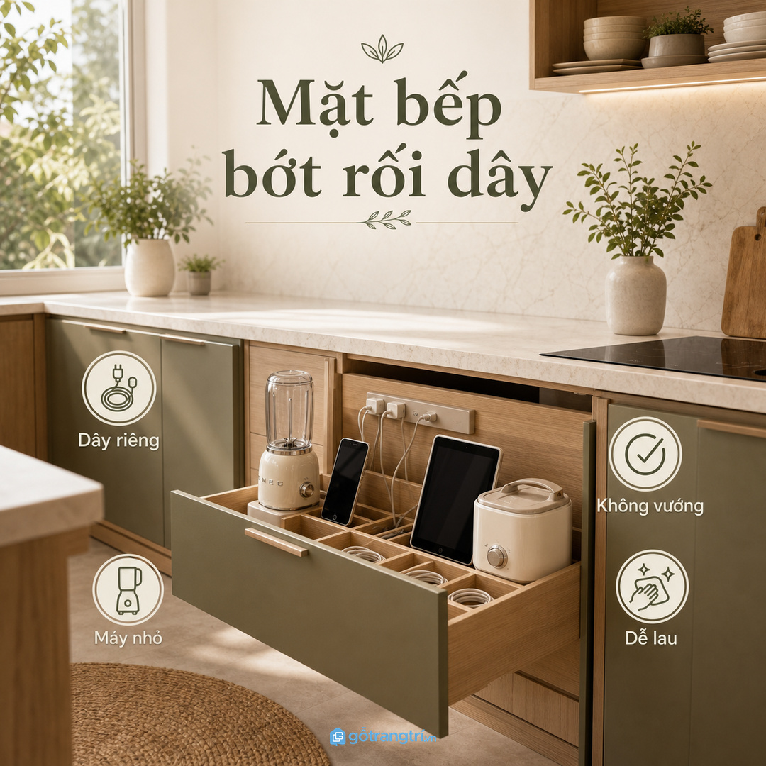Dây sạc và thiết bị nhỏ để ngoài mặt bếp làm khu nấu nhanh rối