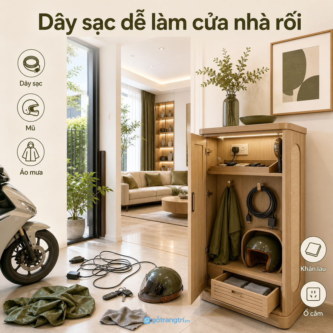 Dây sạc và phụ kiện xe điện dễ làm cửa nhà nhanh rối