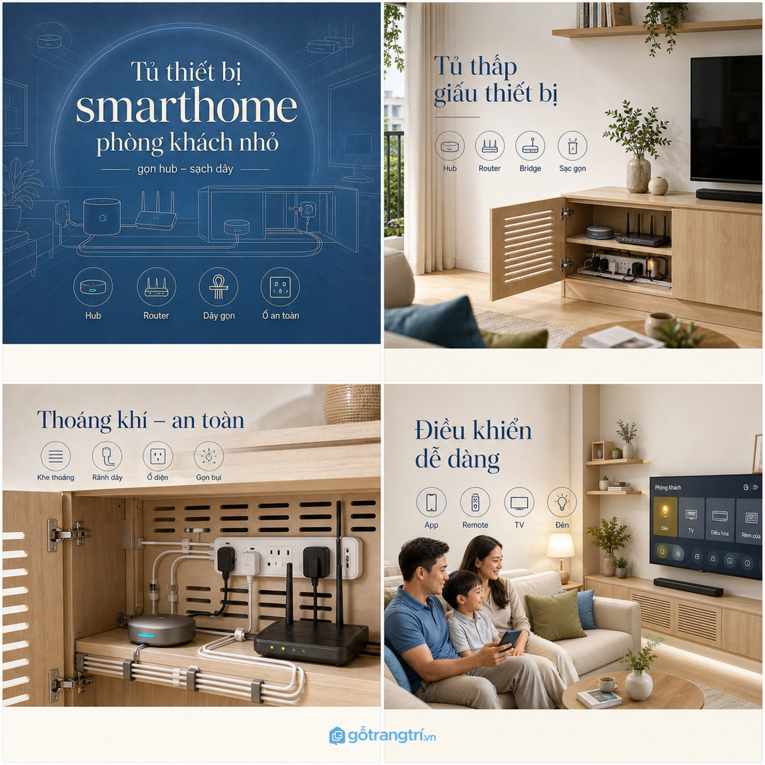 Góc phòng khách nhỏ có tủ thấp giấu hub smarthome router bridge và dây sạc