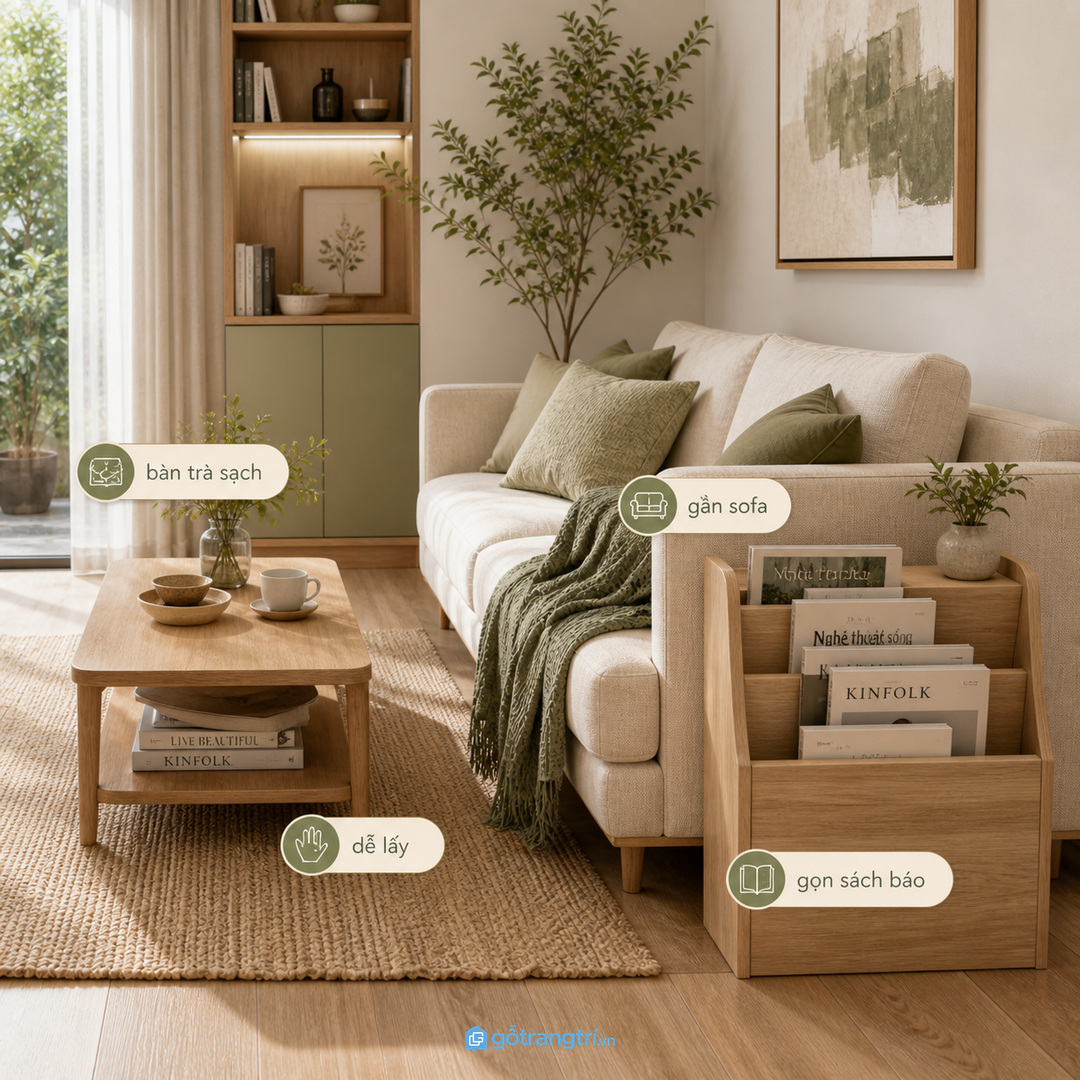 Sách báo để rải trên bàn trà làm phòng khách nhỏ nhanh rối