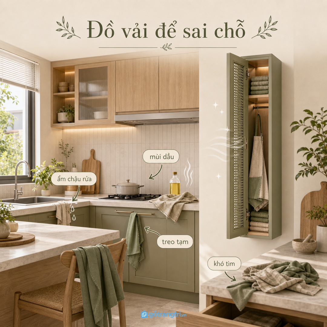 Tạp dề, găng tay và khăn nóng rất dễ bị vứt lẫn sau mỗi bữa nấu