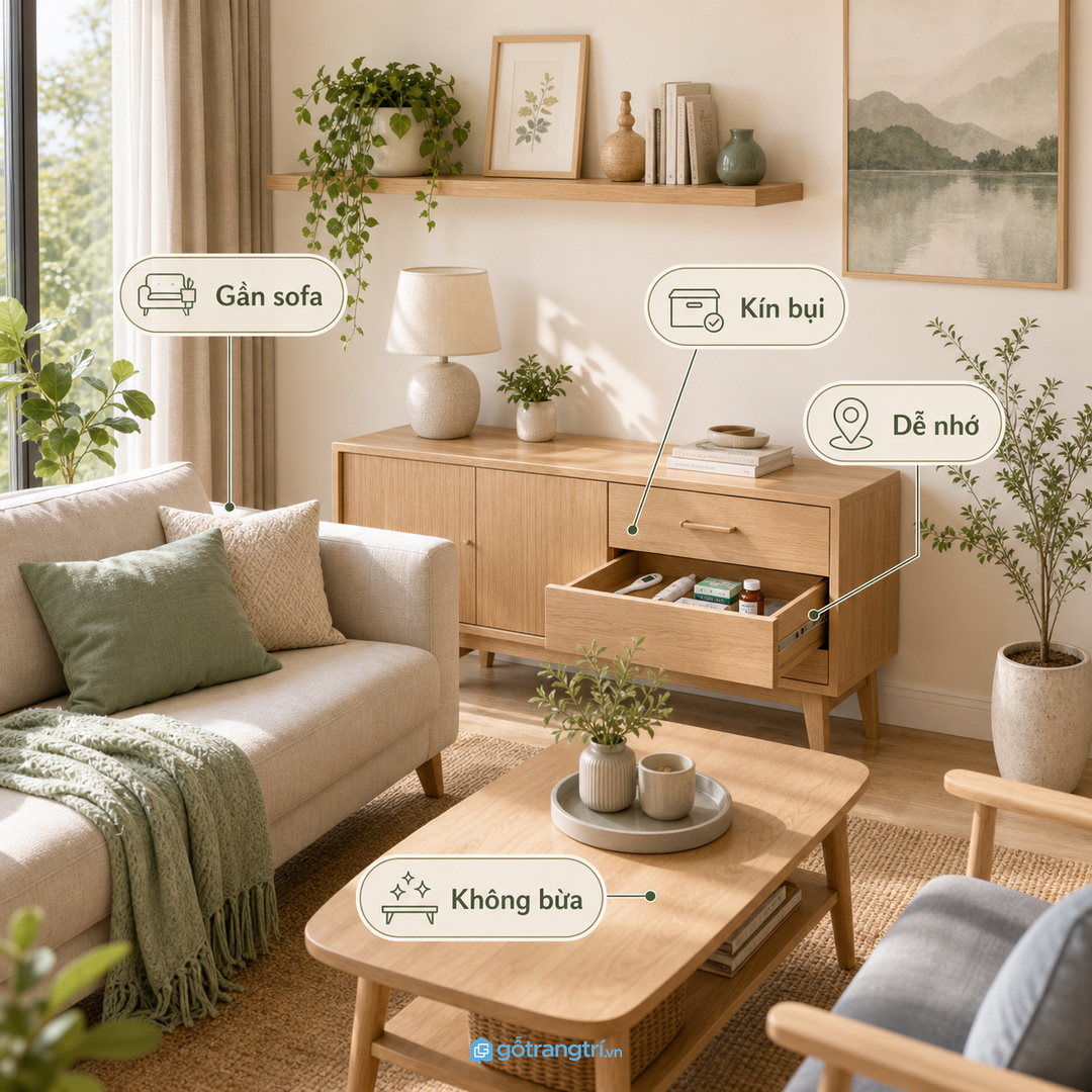 Thuốc hay dùng cần gần sofa nhưng không lộ bừa trong phòng khách
