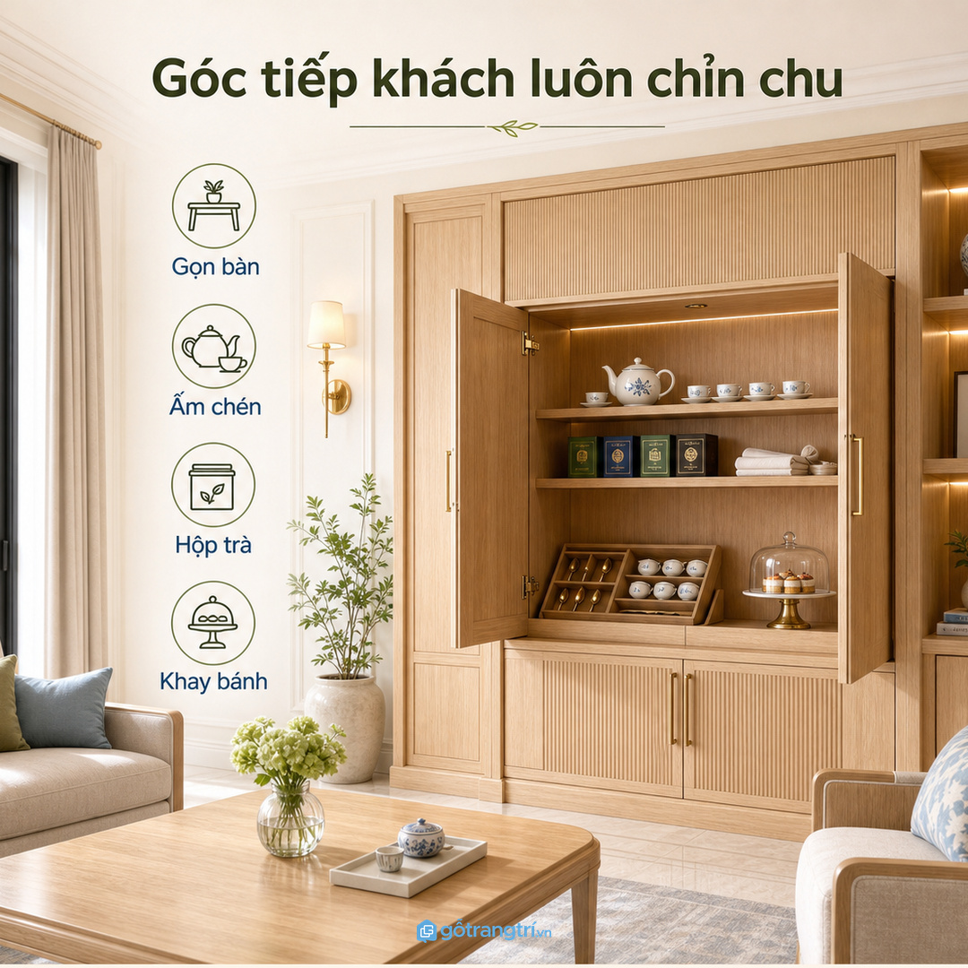 Đồ pha trà rải rác làm góc tiếp khách mất vẻ chỉn chu