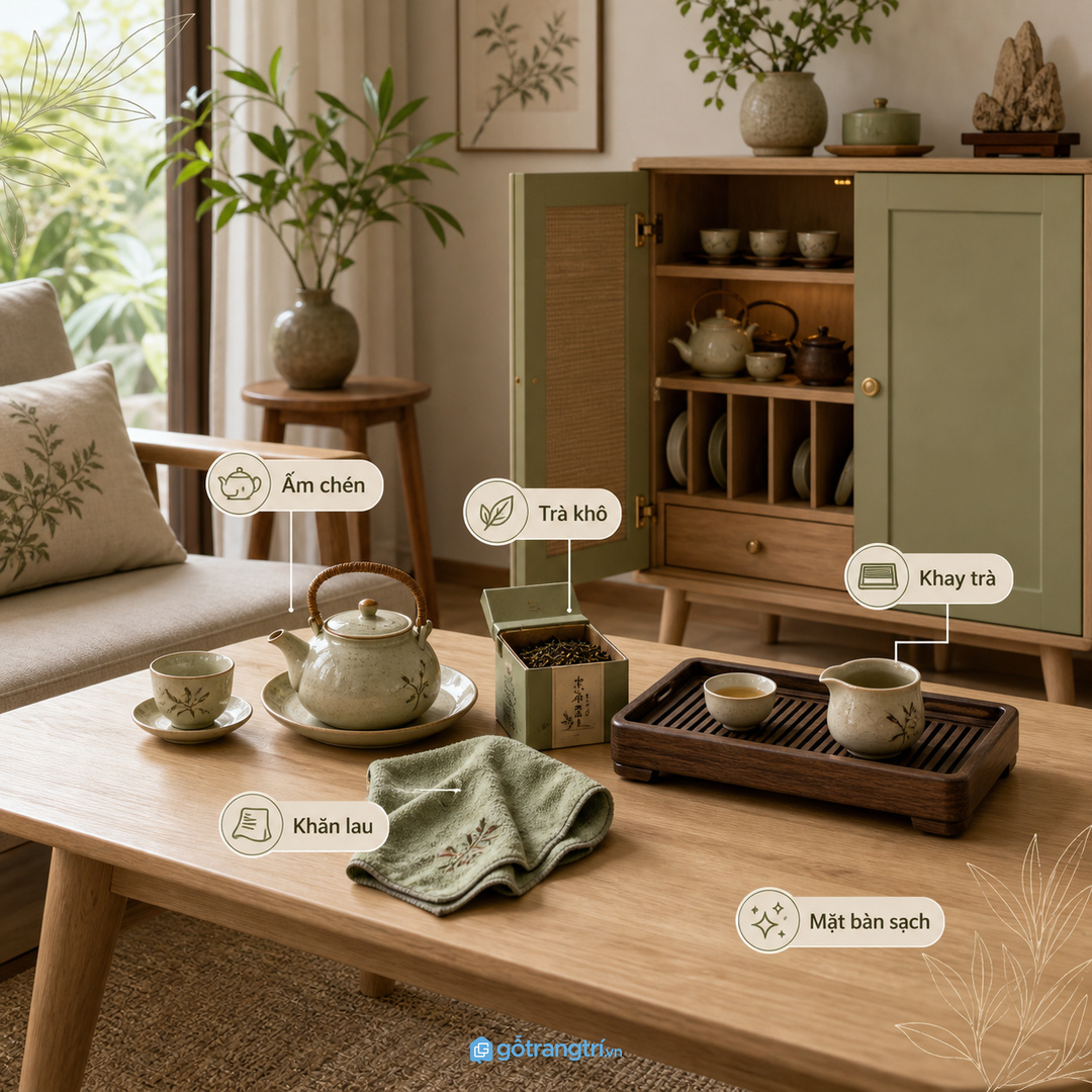Ấm chén và trà cụ để rải trên bàn làm góc thư giãn nhanh rối