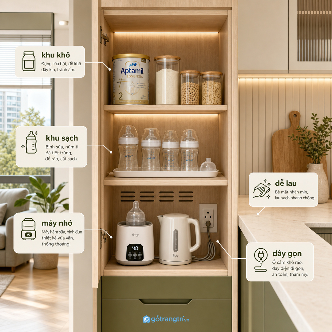 Bình sữa và đồ pha rải rác làm mặt bếp nhỏ nhanh rối