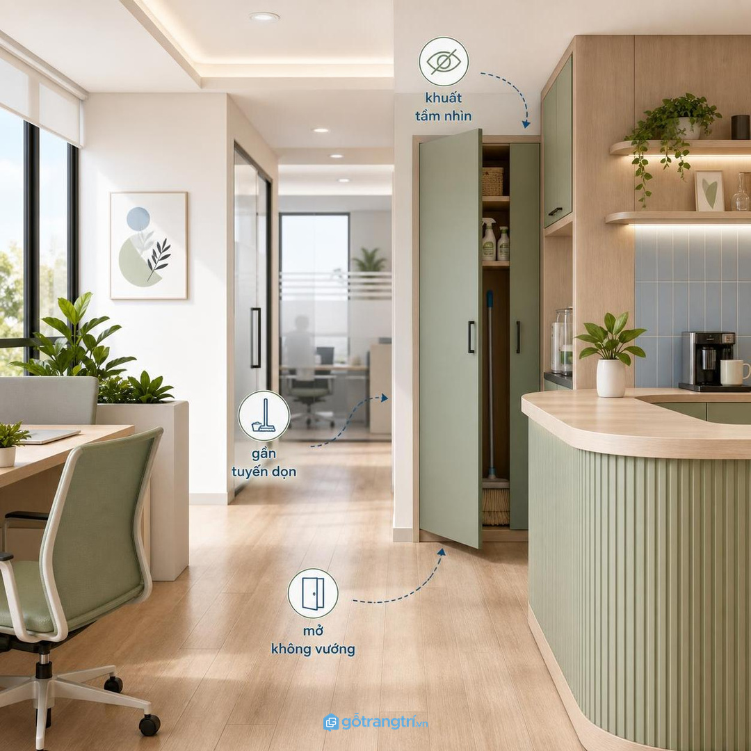 Vật tư vệ sinh để rải rác làm khu văn phòng nhỏ nhanh bừa và thiếu chuyên nghiệp