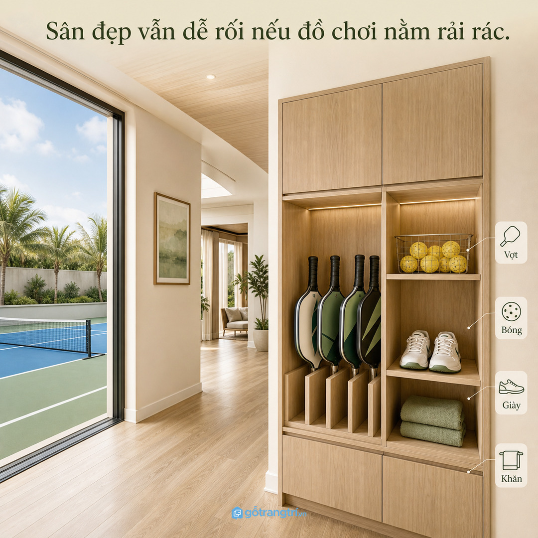 Vợt bóng và giày ra sân cần khoang riêng để không rơi lẫn sau mỗi buổi chơi