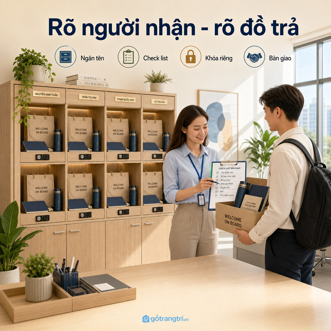 Ngăn tủ có tên và checklist giúp bộ phận nhân sự biết rõ ai đã nhận, ai cần hoàn trả.