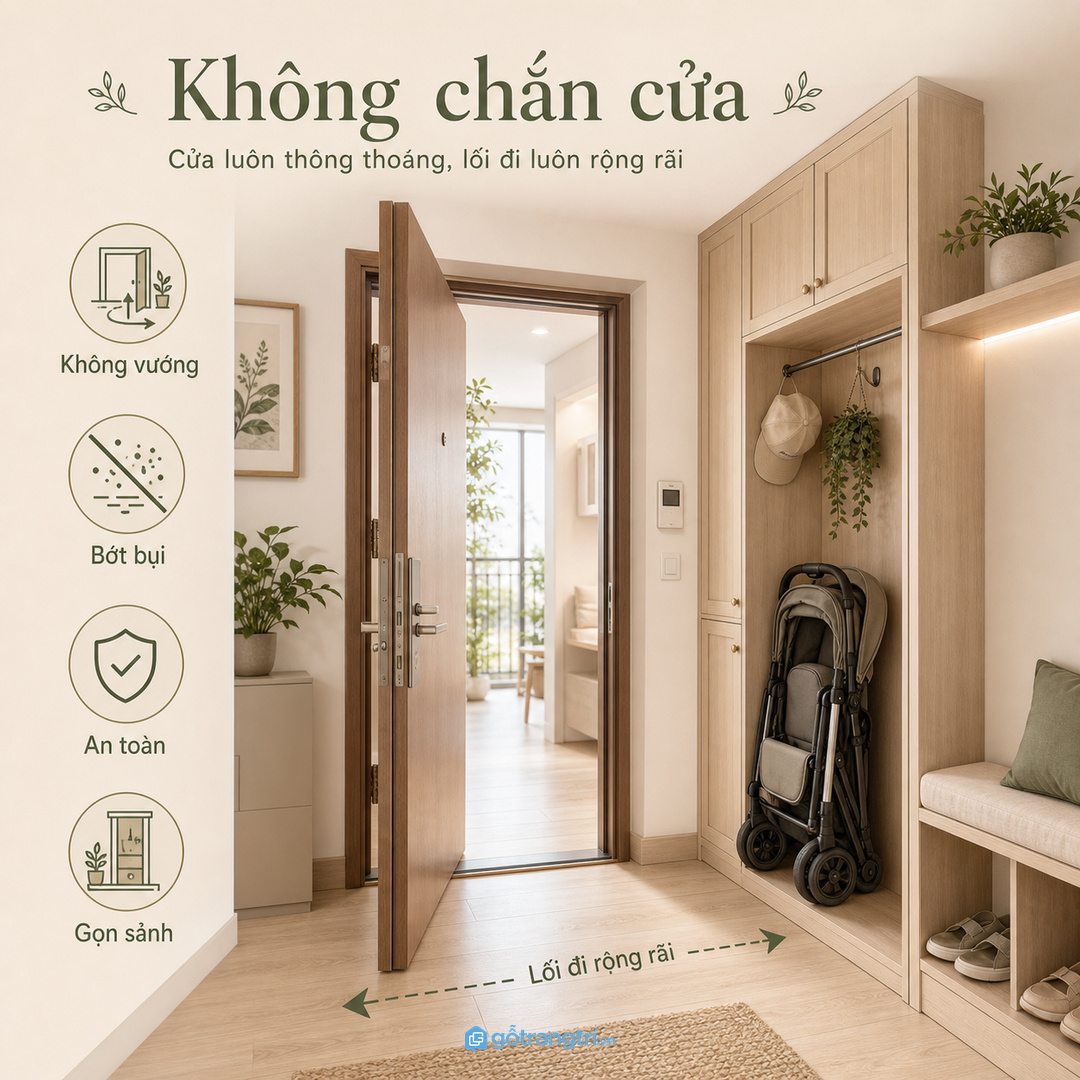 Xe đẩy để ngoài hành lang dễ vướng cửa, bám bụi và thiếu an toàn