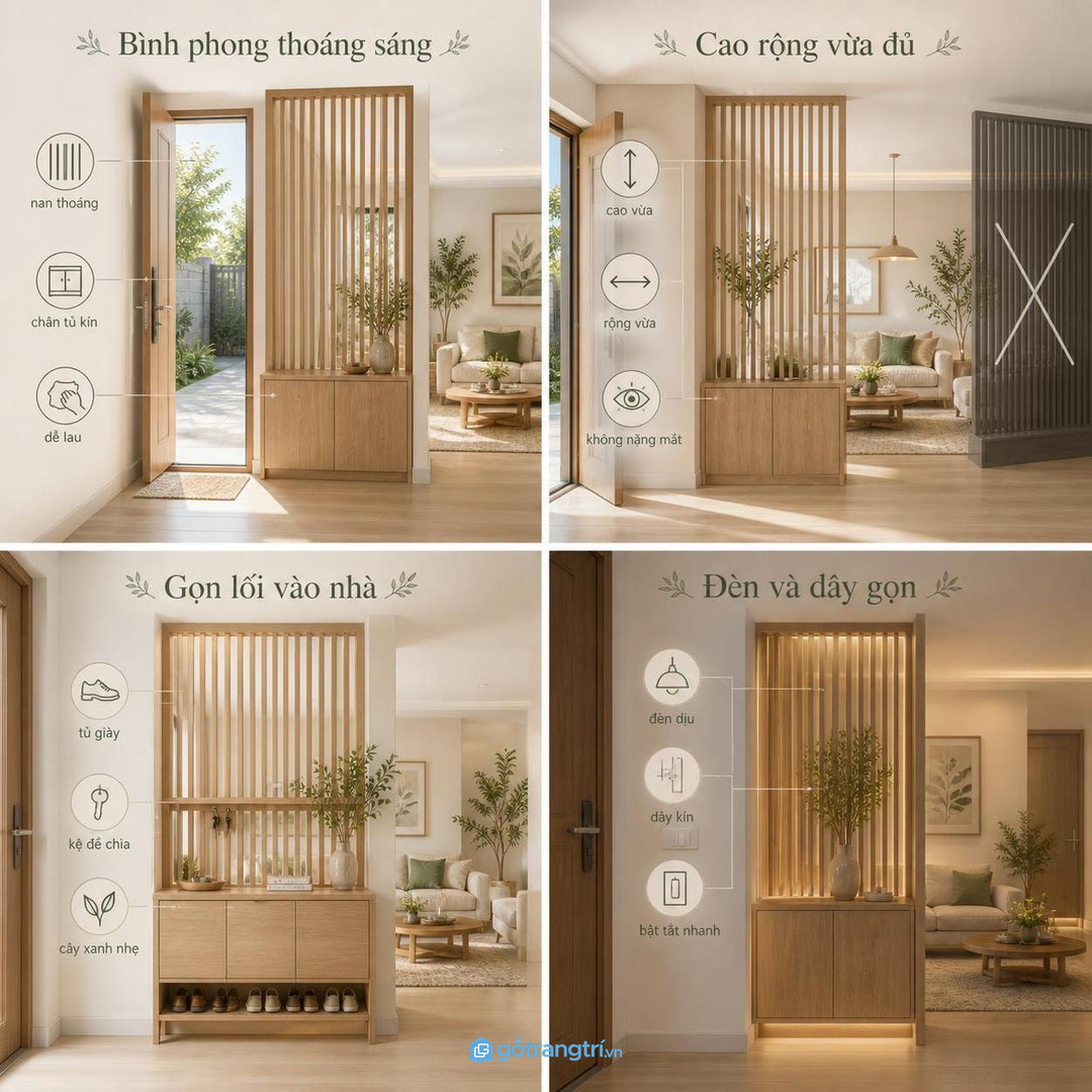 Bình phong giúp cửa chính không nhìn thẳng vào phòng khách