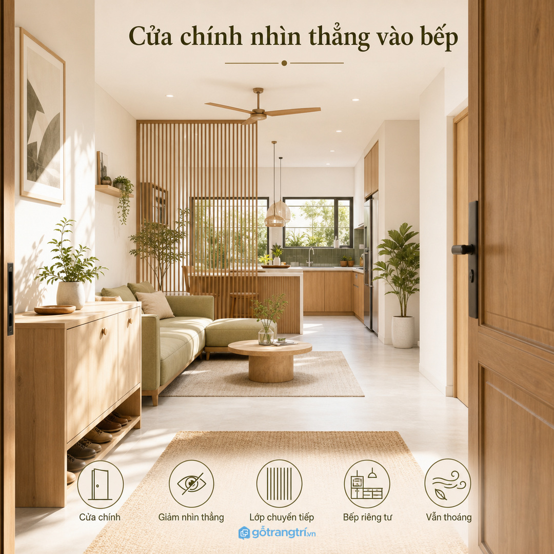 Vách lam giúp giảm nhìn thẳng từ cửa chính vào bếp