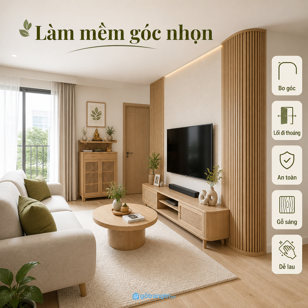 Góc nhọn trong phòng khách nhỏ dễ tạo cảm giác gắt và vướng mắt