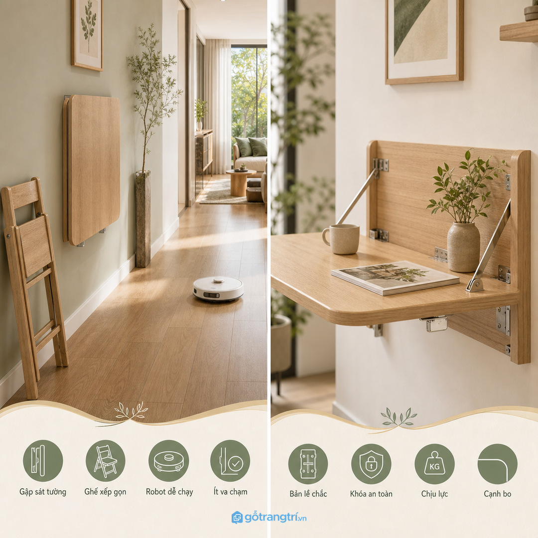 Bàn gấp giúp giữ lối đi thoáng trong giờ không sử dụng