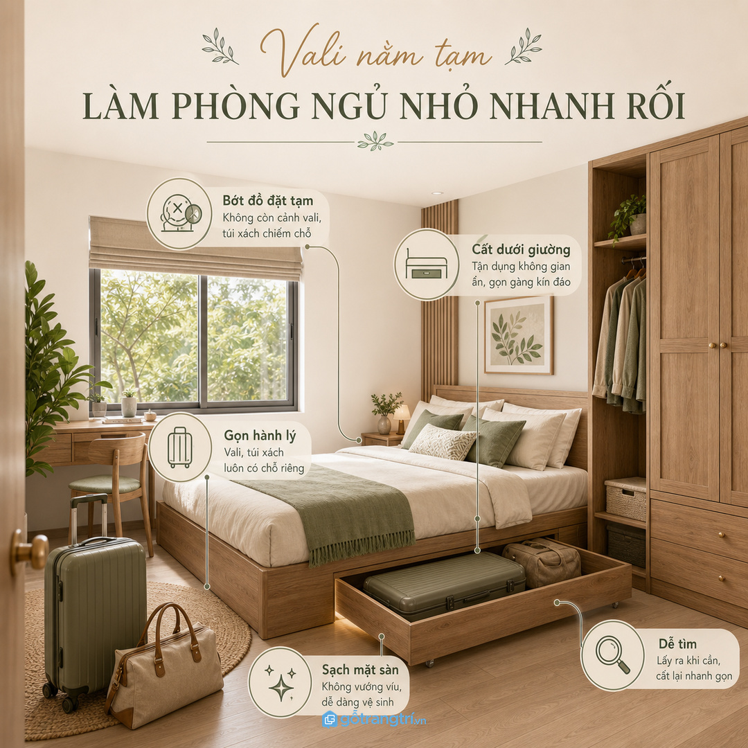 Gầm giường chỉ hiệu quả khi hộc kéo vừa vali và thao tác thật dễ