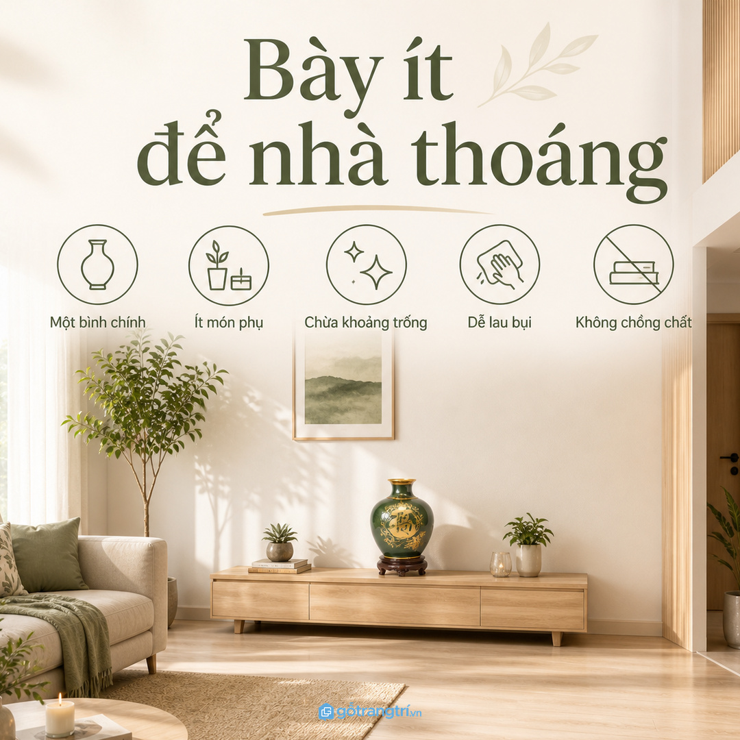 Phòng khách nhỏ dễ rối nếu bày quá nhiều bình đá và vật phẩm cùng lúc