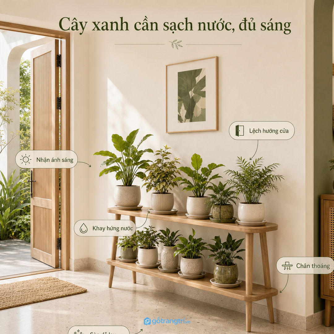Cây xanh cần sạch nước, đủ sáng và không chắn cửa