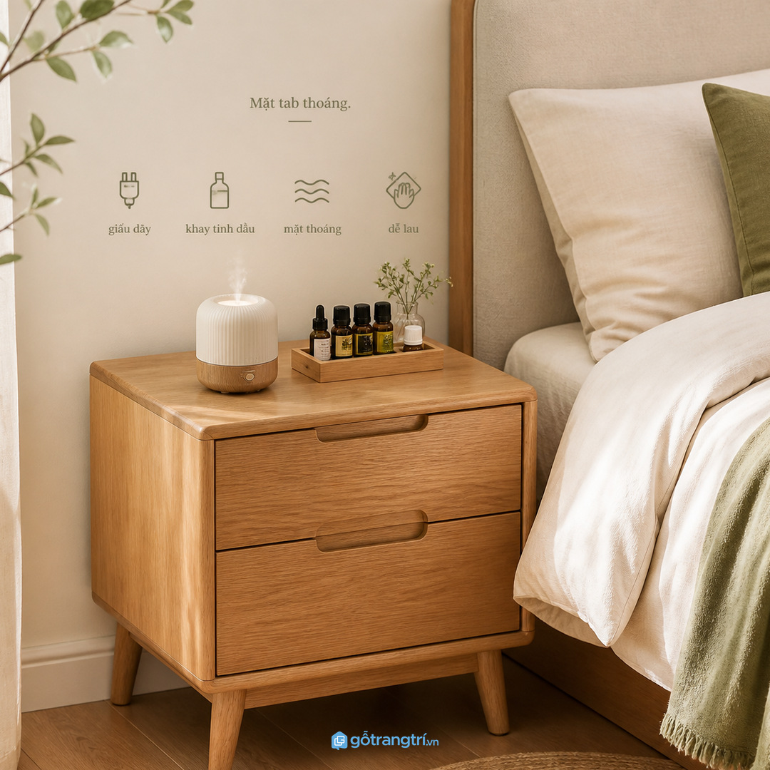 Dây sạc và lọ tinh dầu làm tab đầu giường nhanh rối