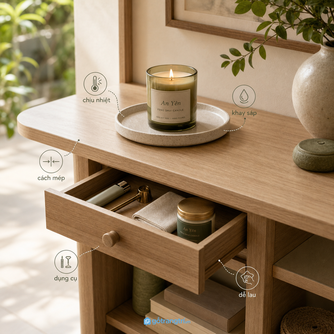 Kệ nến cần đặt thoáng và tránh rèm, giấy tờ, vật dễ cháy